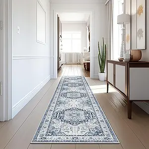 Madane Hallway Washable Runner Rug - 2x10 Kitchen Rugs Entryway Rug Runner Vintage Soft Floor Mat Non Slip Indoor Farmhouse Carpet for Bathroom Living Room Bedroom (2 X 10, Navy/White)
