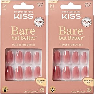 KISS Bare But Better TruNude Fake Nails Nude Nail Shades Manicure Set, Nude Nude', 28 Chip Proof, Smudge Proof Glue-On Nails (Pack of 2)