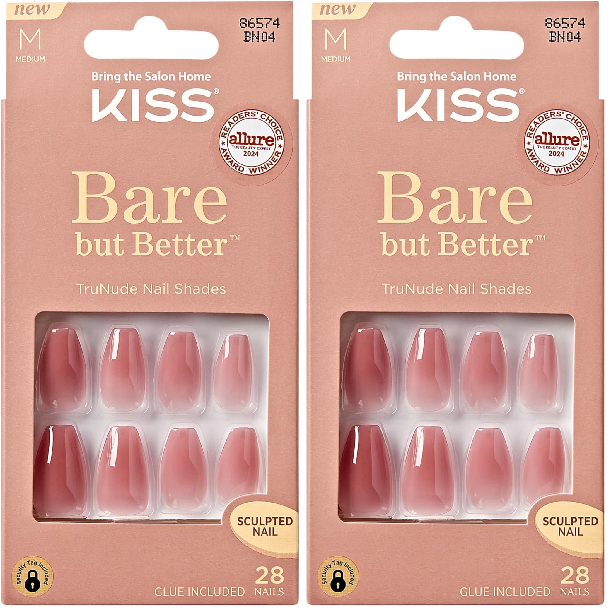 KISS Bare But Better TruNude Fake Nails Nude Nail Shades Manicure Set, Nude Nude', 28 Chip Proof, Smudge Proof Glue-On Nails (Pack of 2)