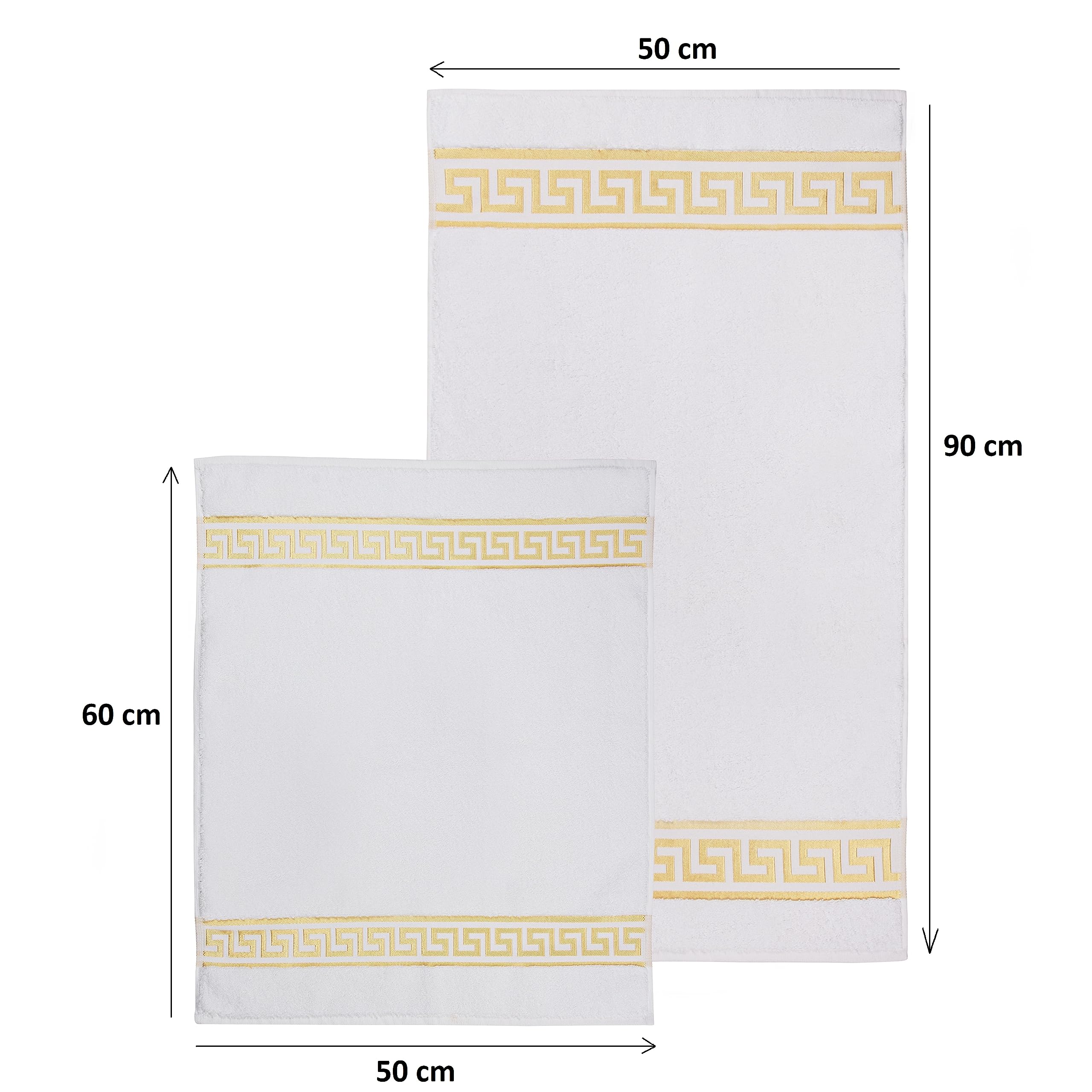 Alfombrilla de baño de algodón en color beige, negro, blanco y dorado, con diseño de meandro (blanco, juego de 2 unidades – 50 x 90 + 50 x 60)