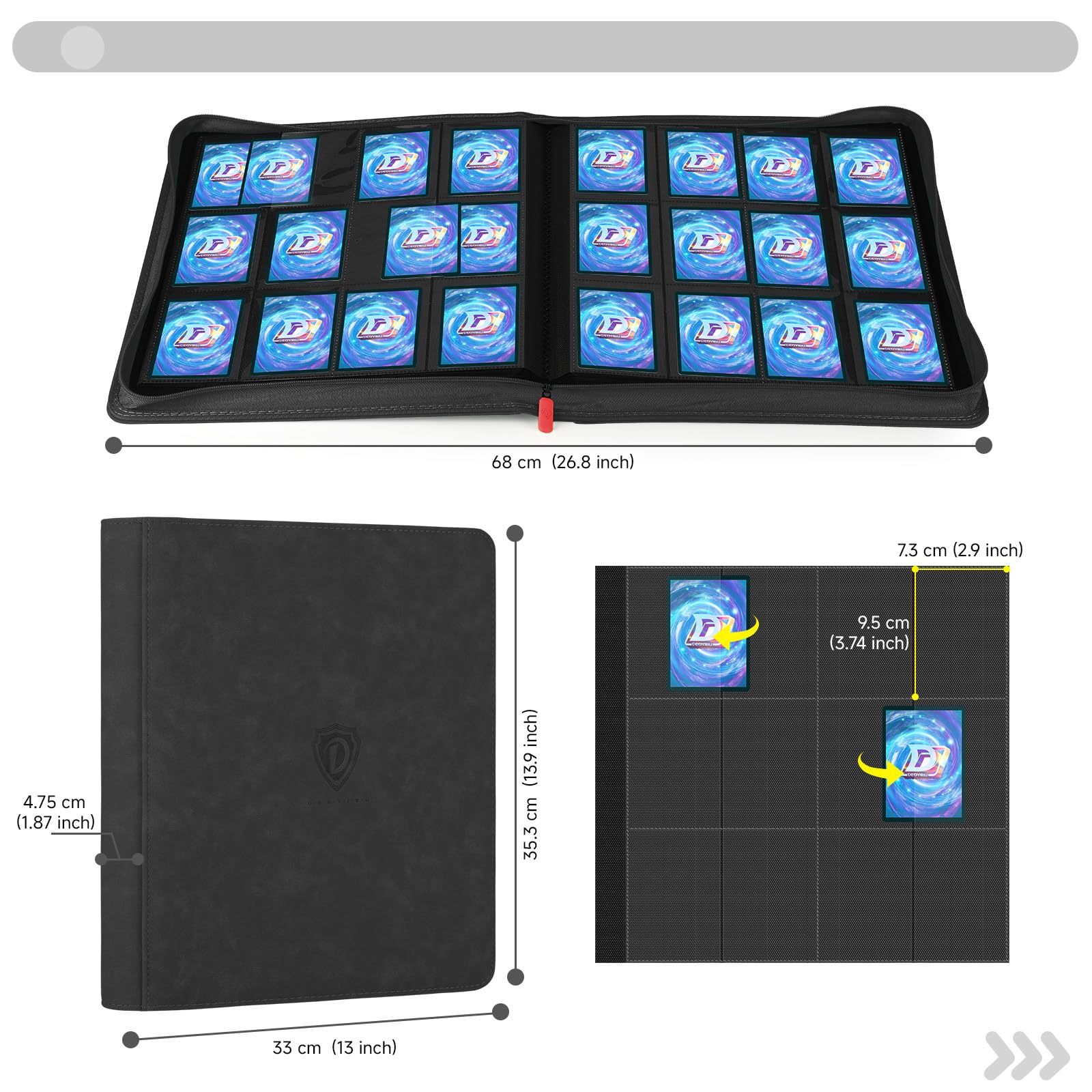 Classeur pour cartes à collectionner avec fermeture éclair, 12 poches, classeur de 720 pochettes double face, album de cartes pour MTG, TCG, cartes de sport, cartes de jeu, noir