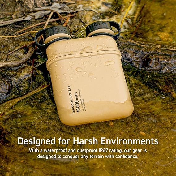 ELECOM NESTOUT Rugged Power Bank, 15000mAh Outdoor Charger, 32W USB C Fast Charging PD, Waterproof IP67, Heavy Duty Shockproof, Tactical Battery Pack for iPhone Tablet Hiking Camping Survival (Beige)