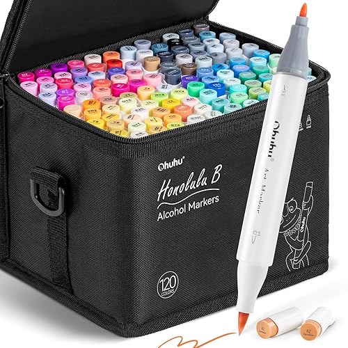 Ohuhu Alcohol Markers Brush Tip - 120-color AP Certificated Double Tipped Art Marker Set for Artist Adults Cozy Coloring Drawing Illustration - Brush and Fine Dual Tips - Honolulu B - Refillable - Fine & Brush