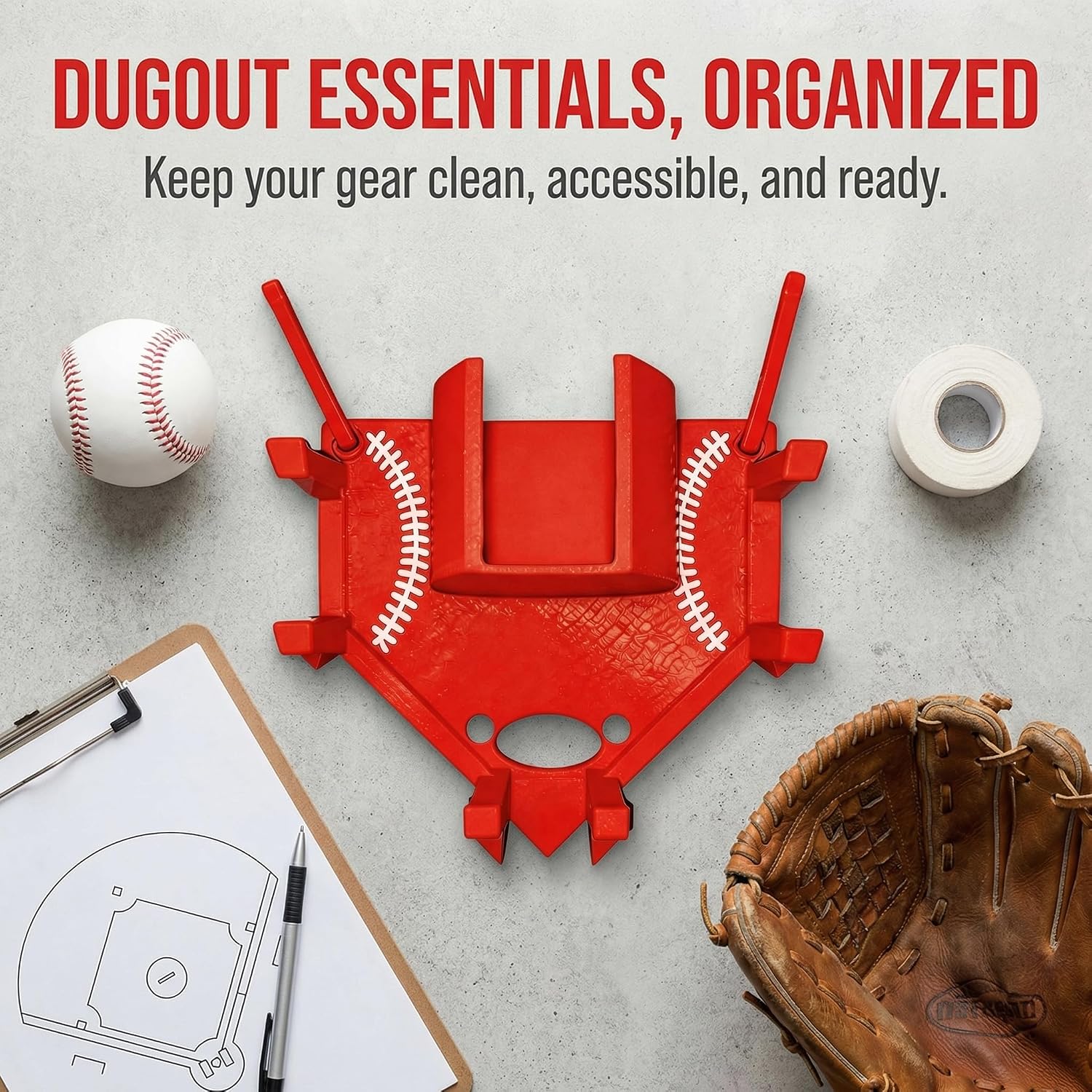 Baseball and Softball Dugout Organizer, Fence-Mounted Hanging Rack for Bats Helmets Gloves Drinks, Portable and Space-Saving (Pink)