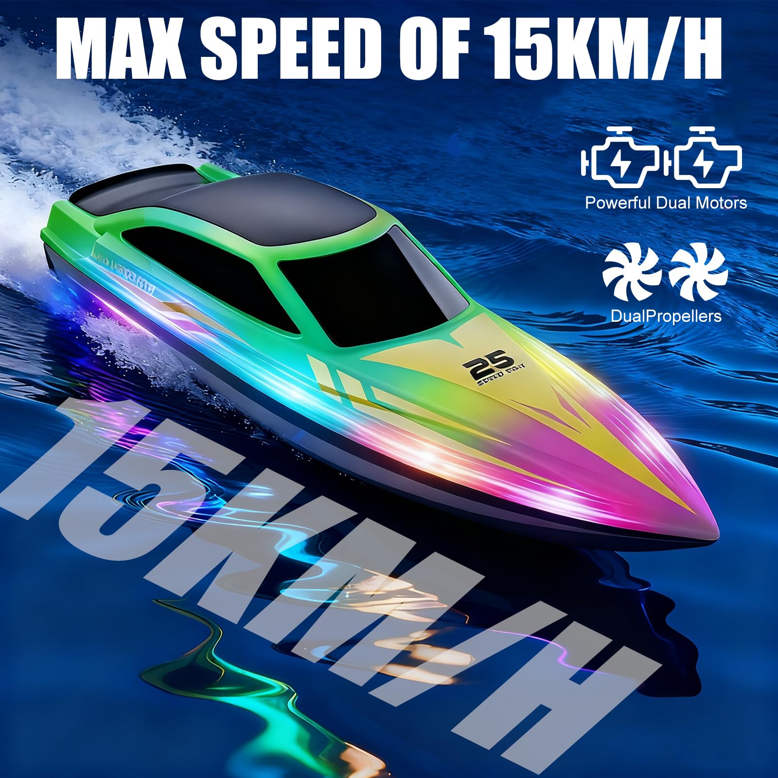 OBEST Barco Teledirigido con Luz LED para Niños,2,4 GHz Barco de Carreras RC de Alta Velocidad para Lagos/Piscinas/Estanques,Juguete Acuático de Regalo para Niños y Niñas