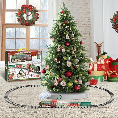 Miniatura 7 de JUQU - Juego de tren de Navidad grande, juguetes de tren eléctrico con sonidos de Navidad, humo y luces, juegos de tren para niños con motor de