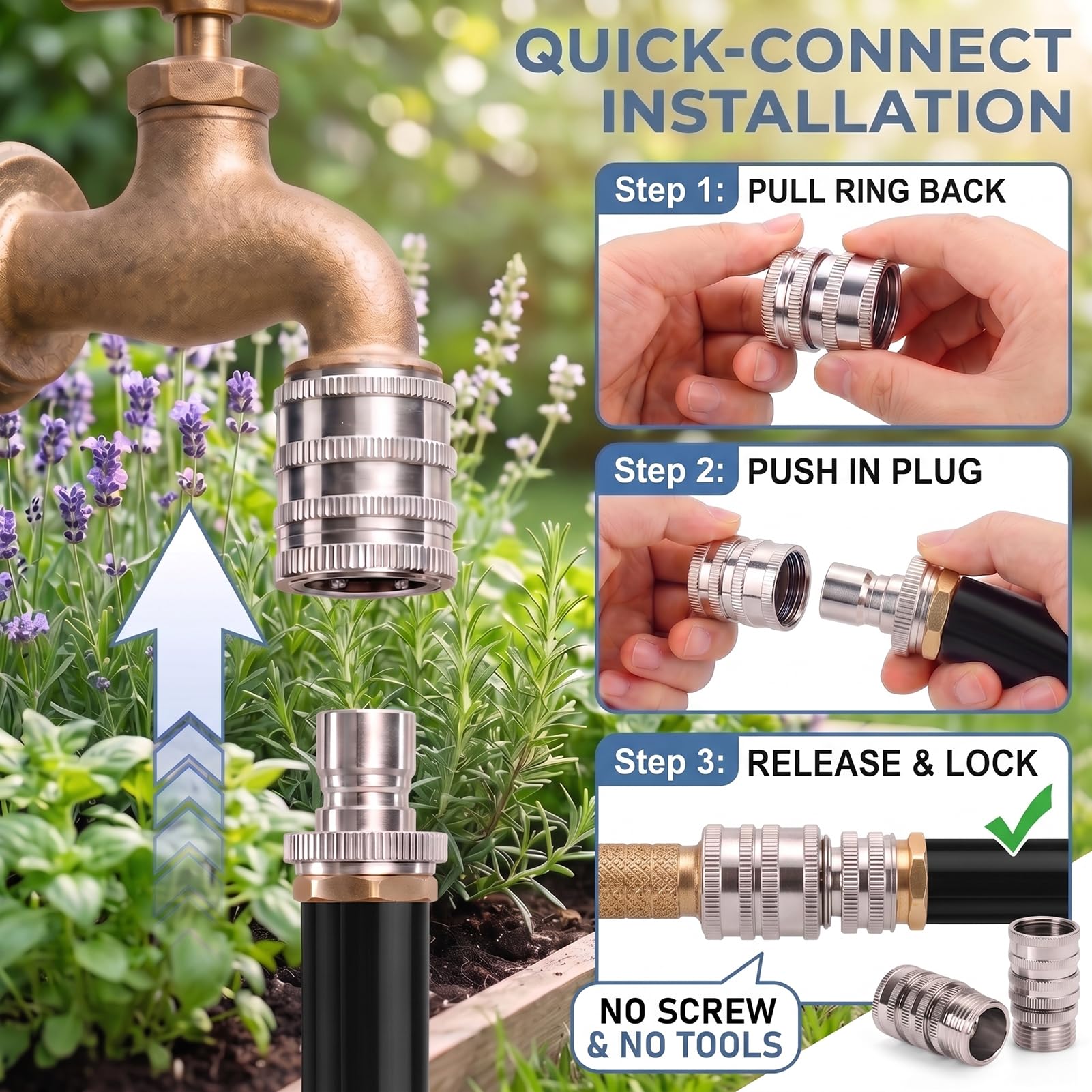 Set di raccordi per tubo da giardino in acciaio inossidabile, raccordi a connessione rapida per tubo dell'acqua da 3/4 pollici, connettore a sgancio rapido per tubo, rubinetto, spruzzatore, ugello e