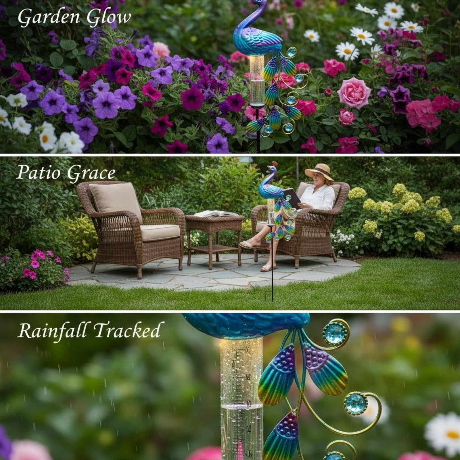 Pluviomètre en métal avec piquet de jardin en forme de paon - Lampe solaire de 101,6 cm avec accents de bijoux pour décoration artistique de cour