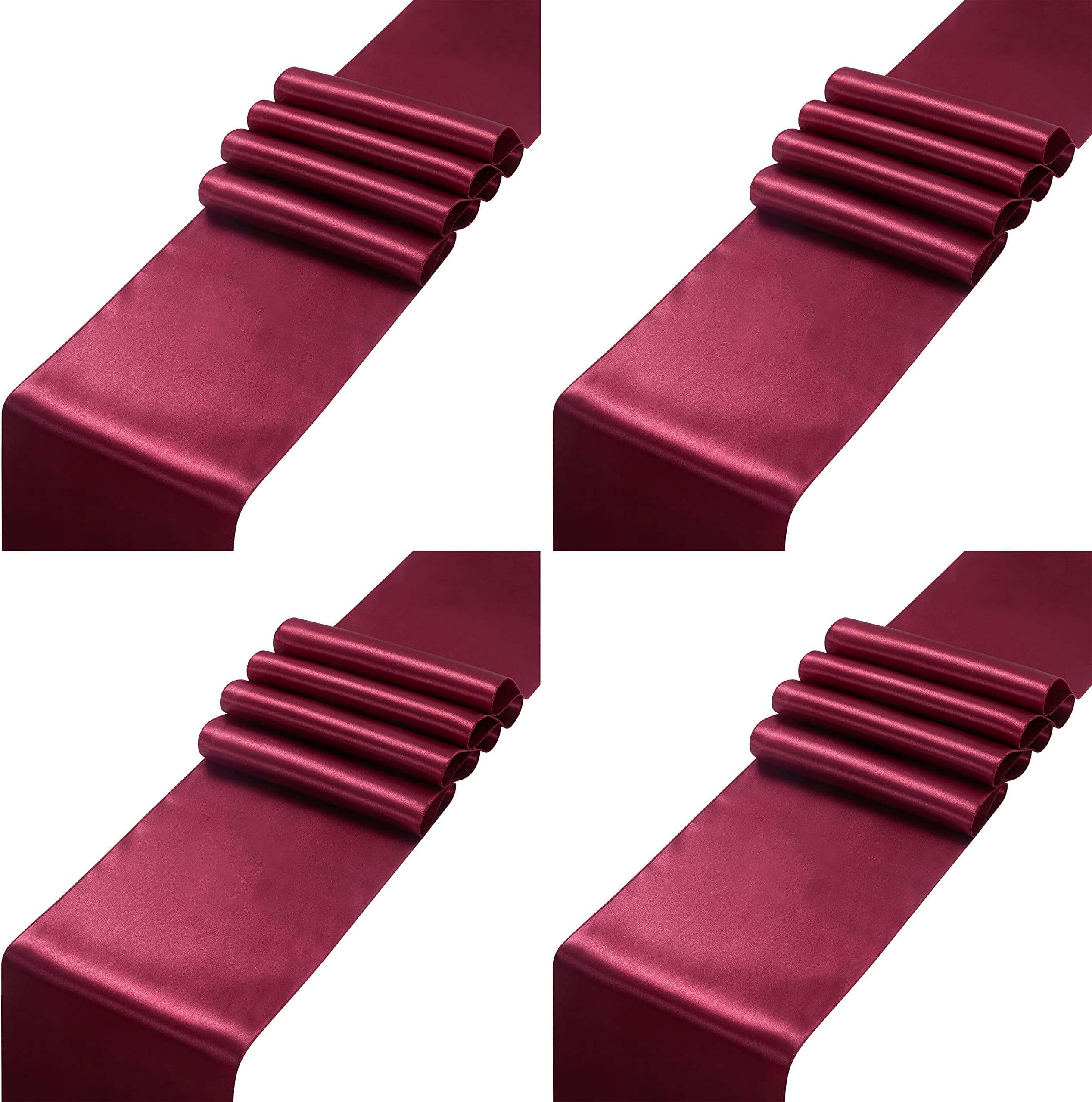 4pcs Burgundy Satin Table Runners 14" x 72", Elegant and Smooth Silky Fabric Table Decor for Wedding Banquet Birthday Decoration