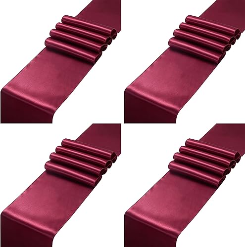 4 caminos de mesa de satén burdeos de 12 x 108 pulgadas, elegante y suave tela sedosa decoración de mesa para banquete de boda, decoración de