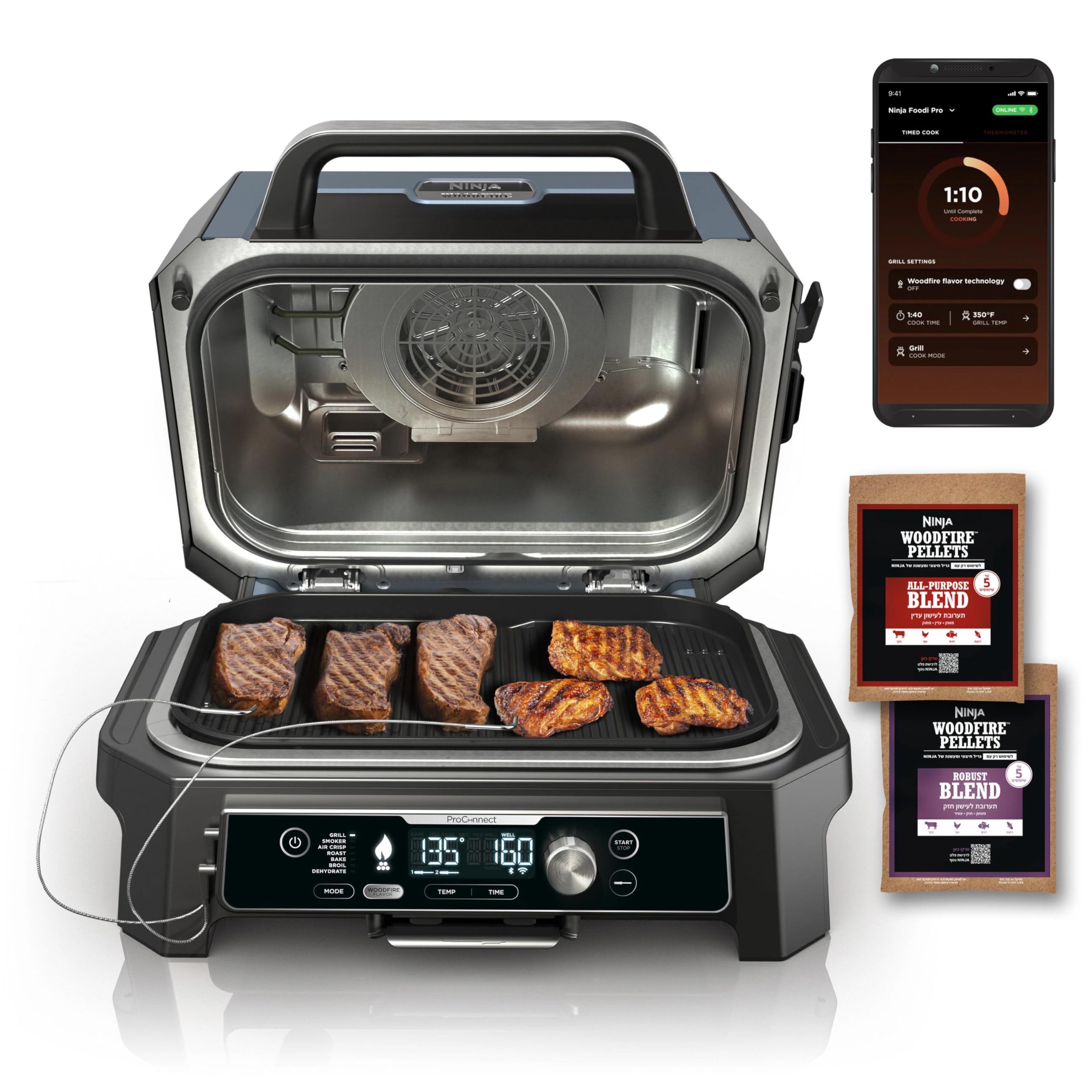 Ninja OG951 Woodfire Pro Connect Premium XL Outdoor Grill & Smoker, Bluetooth, App Enabled, Air Fryer, Woodfire Technology, 2 Built-In Thermometers, Black, 22.28 x 20.03 x 15.82 (Renewed)