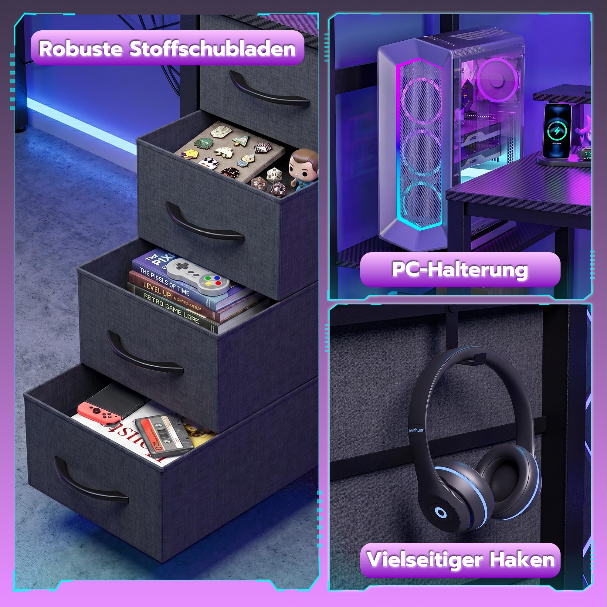 APICIZON Gaming Schreibtisch 150cm mit Bucherschrank - Umkehrbarer Computertisch mit RGB LED-Beleuchtung, 2 USB-Anschlüssen, Kopfhorerhalter & Becherhalter, Carbon-Optik Schwarz