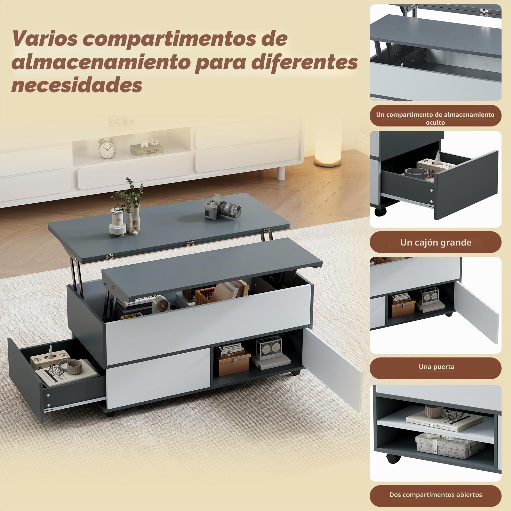 Mesa de café regulable en altura con espacio de almacenamiento oculto y estante, mesa de salón con ruedas y cajones, mesa de comedor multifuncional con espacio de almacenamiento, empalmes gris-blanco