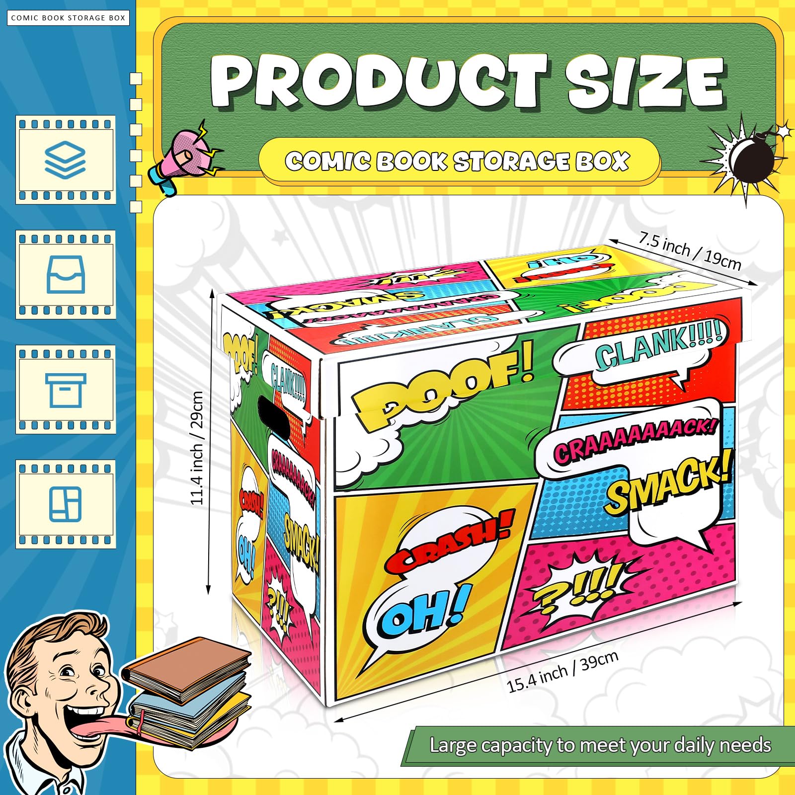 Dunzoom Comic-Bücher-Aufbewahrungsbox, Comic-Box mit Deckel, 40 x 20 x 29 cm, für 150–175 cm, für Zuhause, Schutzbehälter, Behälter, Regal