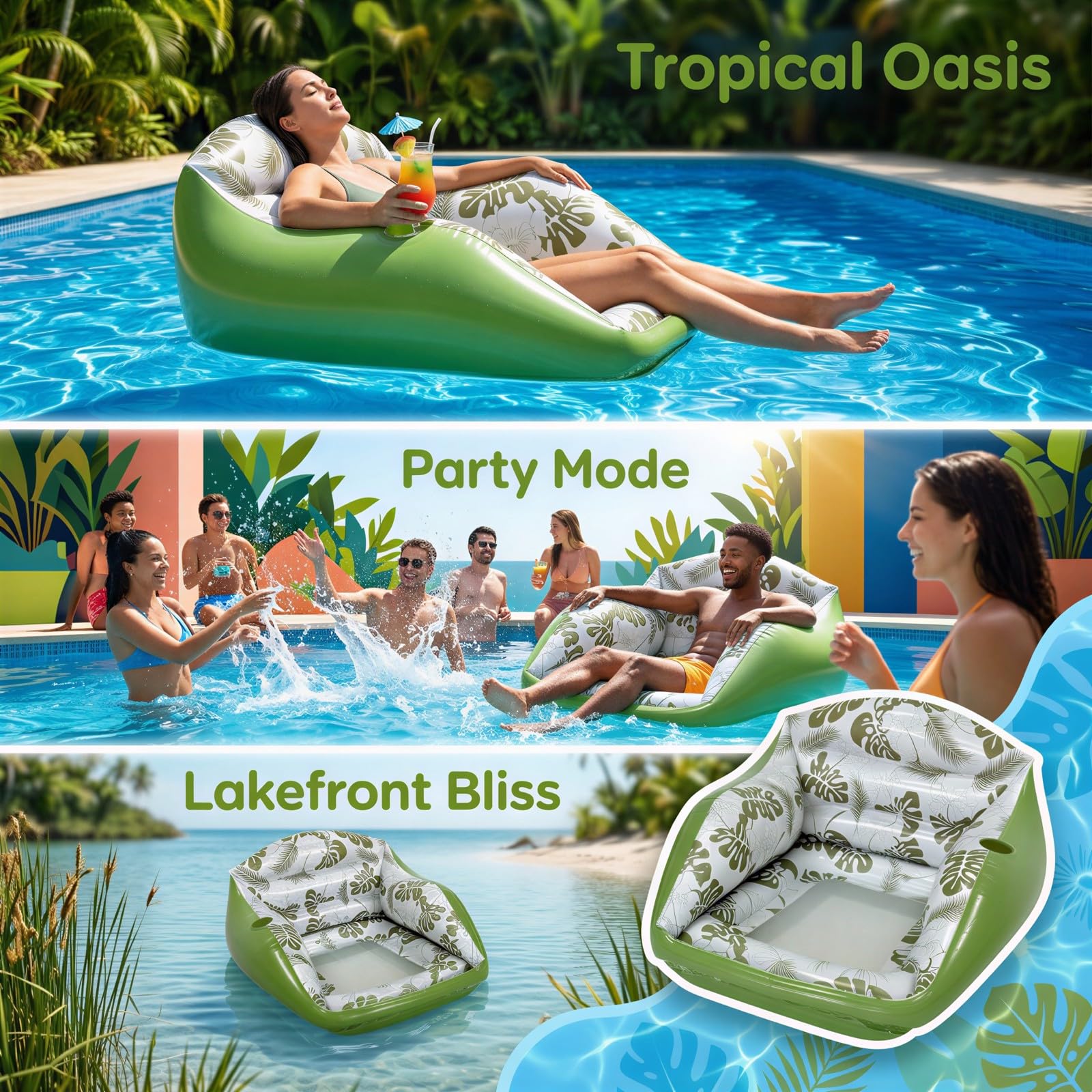 Aufblasbarer Pool-Liegestuhl mit Becherhalter, Wasser-Sofa-Float mit atmungsaktivem Netzsitz, Tropische Deko für warme Tage am Pool, See und Strand