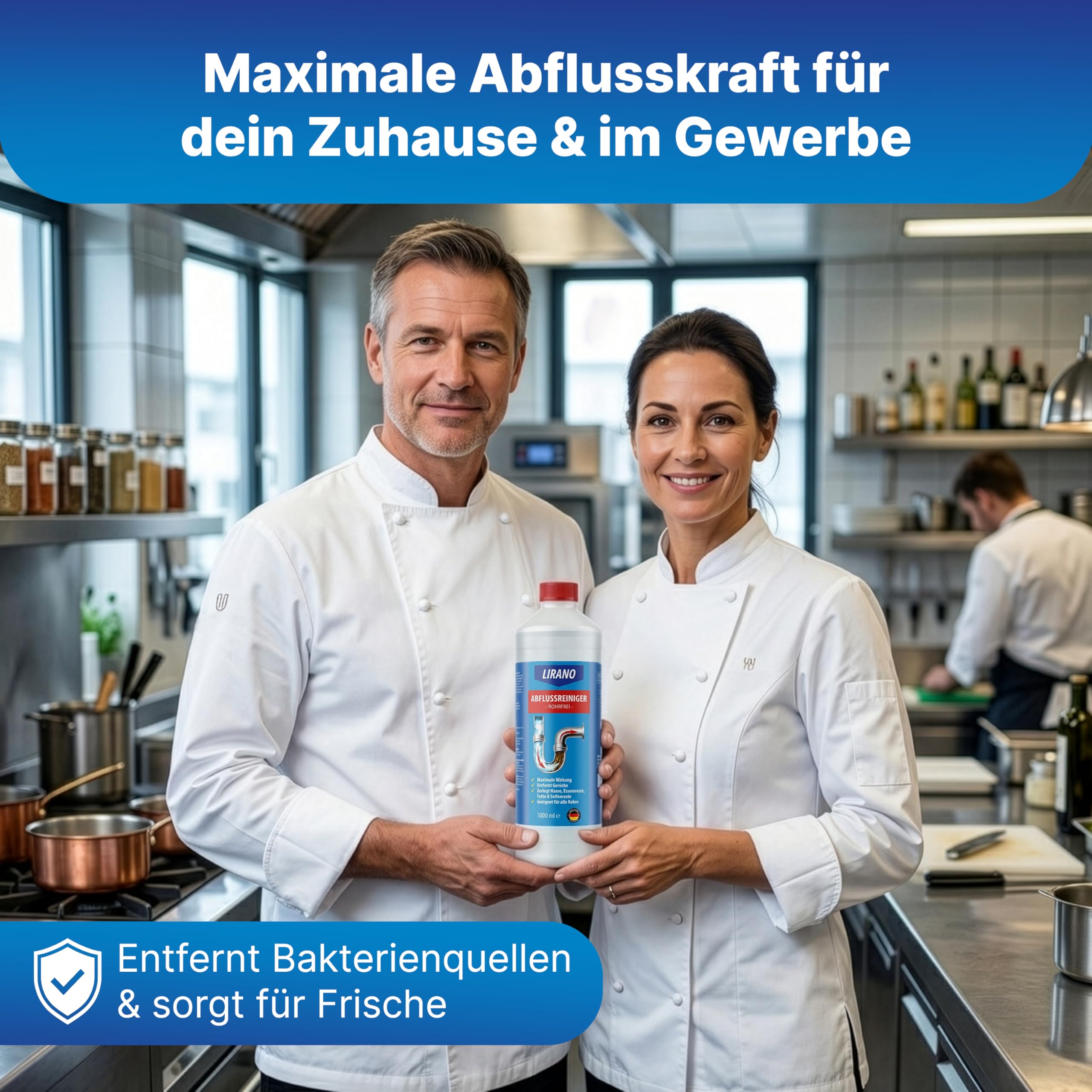 Rohrfrei, Abflussreiniger EXTRA STARK in Profi-Qualität – 1L – löst Haare, Speisereste & hartnäckigsten Rohrverstopfungen – neutralisiert unangenehme Gerüche - biologisch abbaubar - Made in Germany