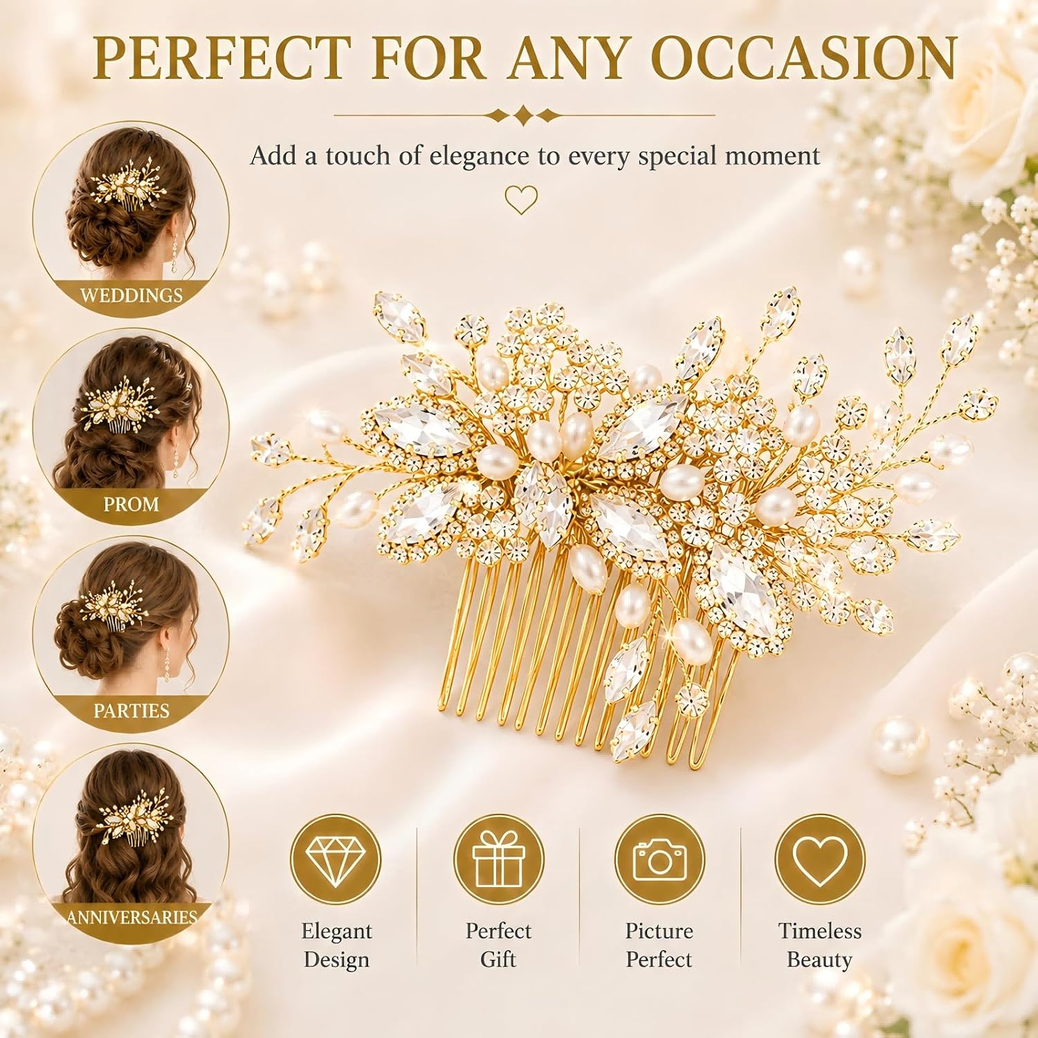 Gold Rhinestone Pearl Bridal Hair Comb – Crystal Side Hair Piece, Wedding Hair Accessories for Bride and Bridesmaid