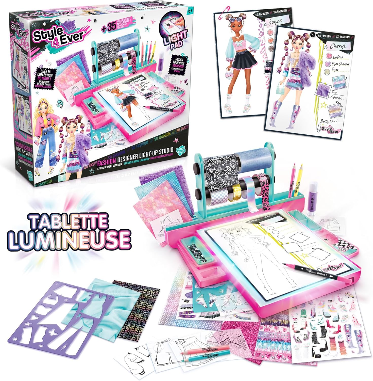Style 4 Ever Fashion Designer Light Up Studio, Design Dream Outfits from Scratch, LED Drawing Pad, DIY Fashion Design Kit for Kids 6+ – Real Fabrics, Stickers & Gems Included