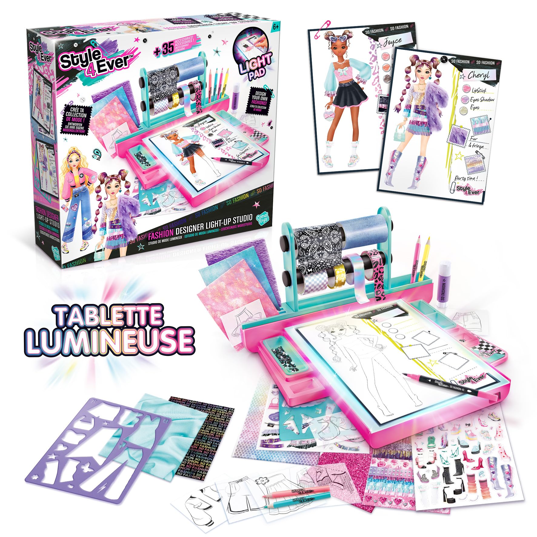 Canal Toys - Style 4Ever - Fashion Designer Studio con Luz y Telas | Con Luz LED, Plantillas Electroestáticas, Telas Reales, Lápices de Colores, Rotulador, Gemas, Cintas Adhesivas y más