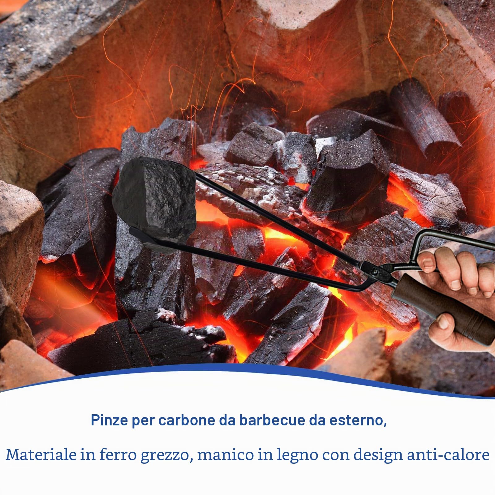 Pinza per camino pesante, con manico in legno isolato, per esterni, antiruggine, universale, per focolare all'aperto e interni, falò e stufe, 40 x 10 cm
