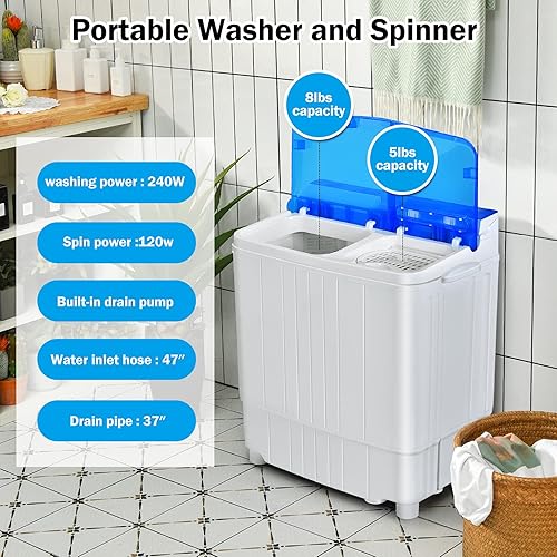 Miniatura 4 de COSTWAY Lavadora portátil, doble bañera semiautomática de 13 libras, lavadora compacta y giratoria, bomba de drenaje integrada, pomos de control y
