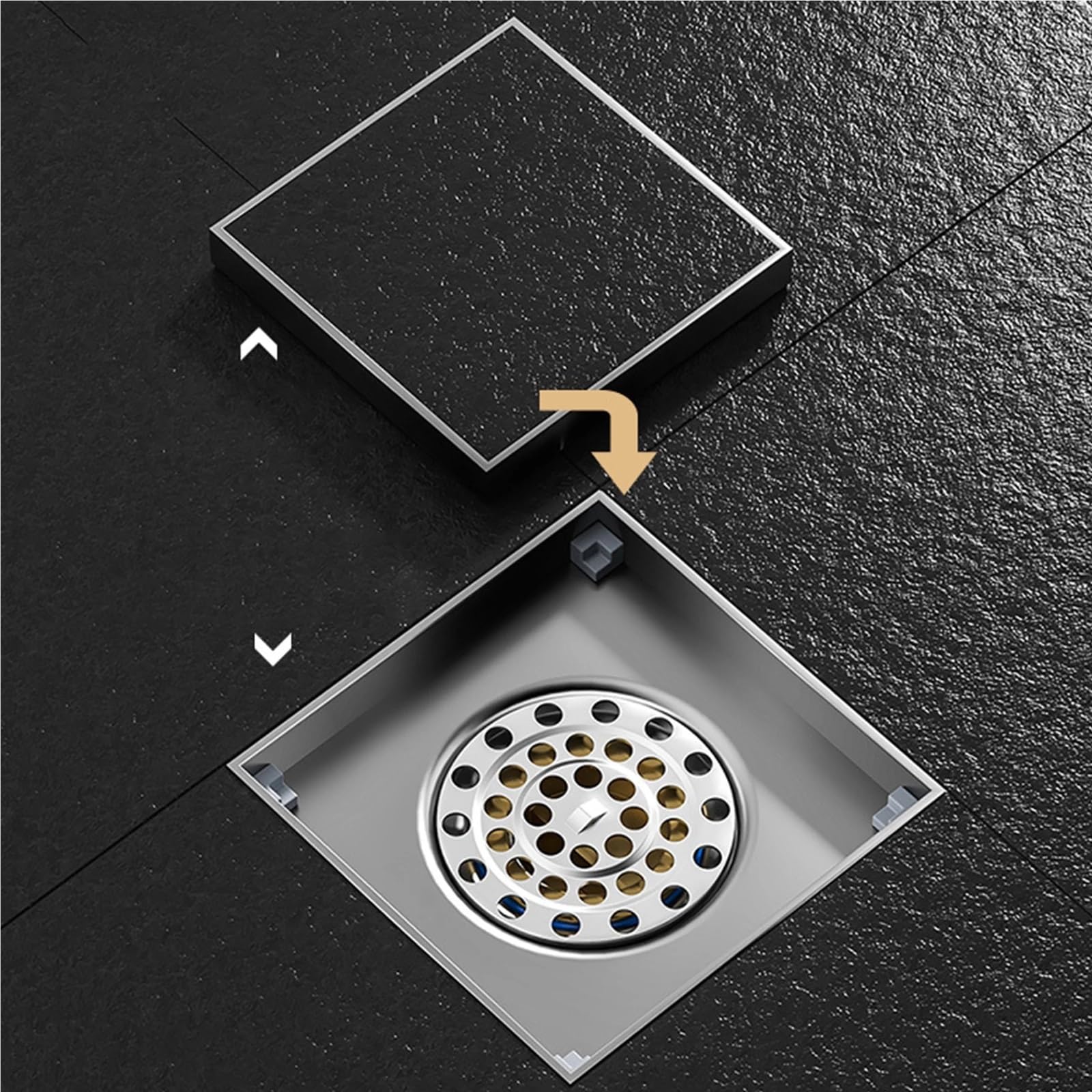 Sumidero Ducha Desagüe de Suelo for pies, desagües baño, desodorización, Cuadrado, Bricolaje, Filtro Ducha, tapón, Cubierta, Tubo Acero Inoxidable(Chrome-Brass)