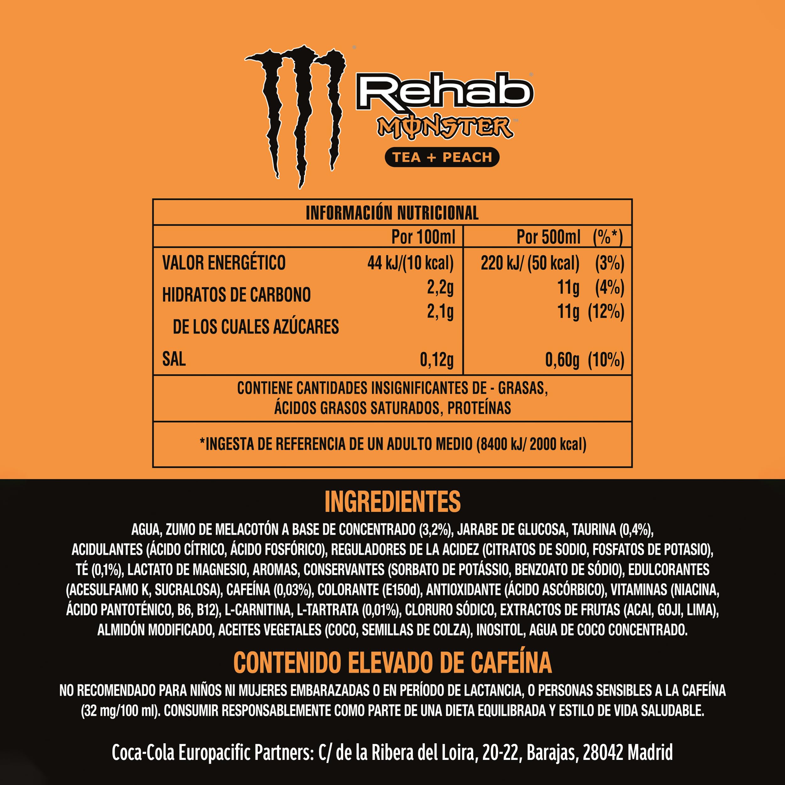 Monster Rehab Peach, Bebida Energética - Pack de 12 Latas de 500ml