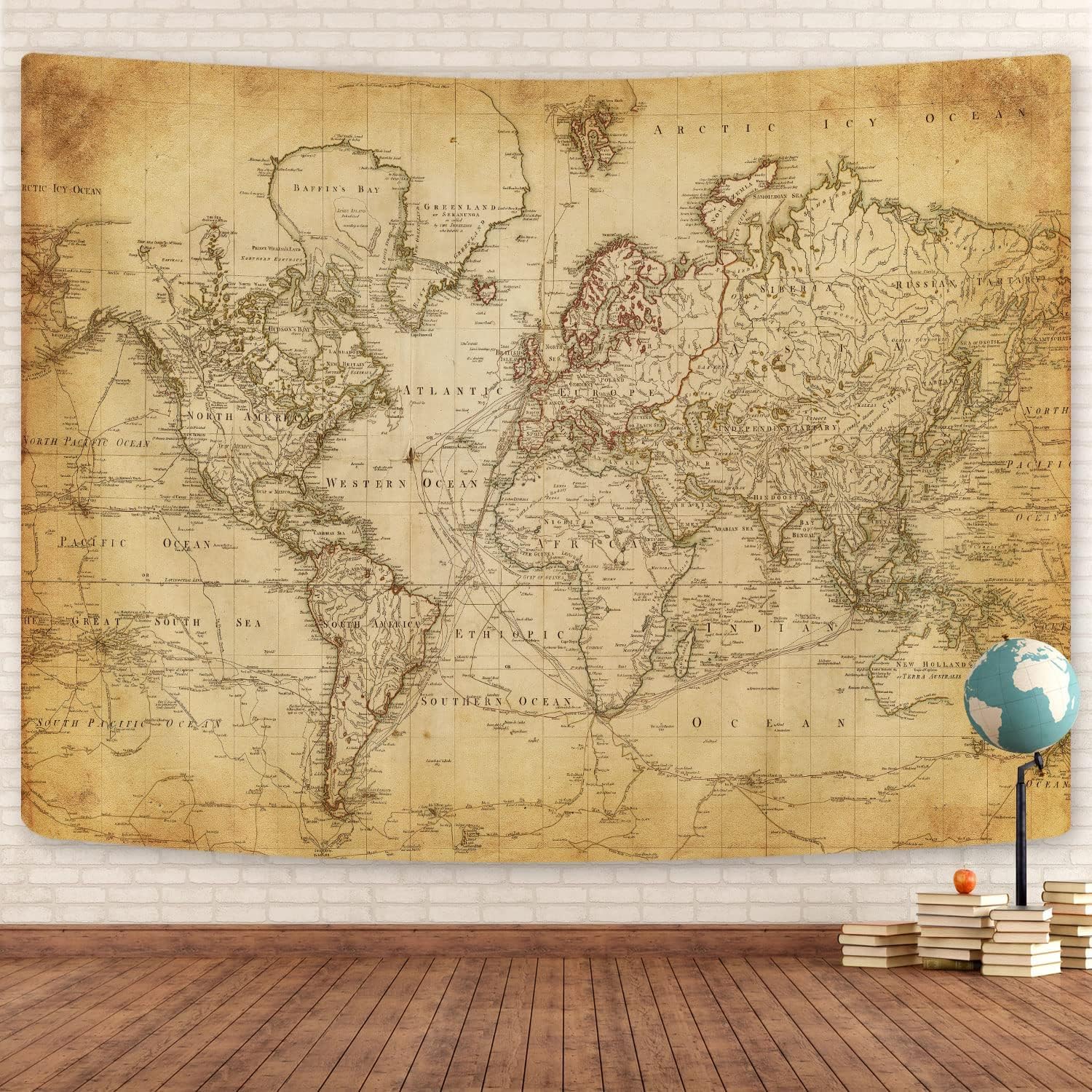 Old World Map Tapestry, Vintage World Map Geographical Distribution Tapestry Wall Hanging, Brown Historical Atlas Educational Poster Classroom Large Tapestries Office Decor 90x70
