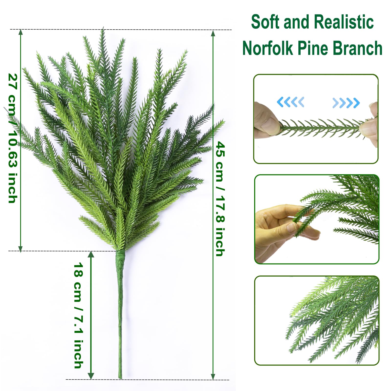 CONNICS 12 Pack Norfolk Pine Stems Branches for Vases, 18 Inch Artificial Christmas Faux Fake Greenery Evergreen Real Touch Feel Green Branch with Pinecones for Holiday Winter Table Xmas Decorating