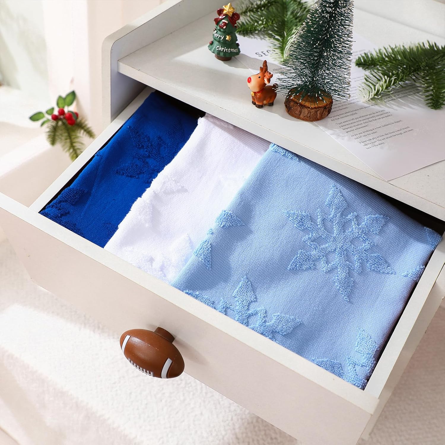 3 Pcs Christmas Winter Snowflake Hand Towels for Bathroom Cotton Absorbent Jacquard Weave Snowflake Kitchen Towel 3D Seasonal Decorative Washcloth for Gift Drying Cleaning Cooking, 14" x 29" - Image 3