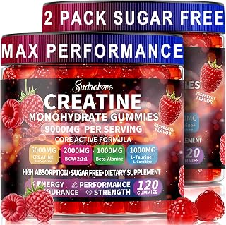 Creatine Monohydrate Gummies with BCAA, Beta-Alanine, L-Taurine, L-Carnitine, Vitamins B6 & B12, Raspberry Flavor, Pre Workout Chewable Supplement for Men & Women, 120 Count