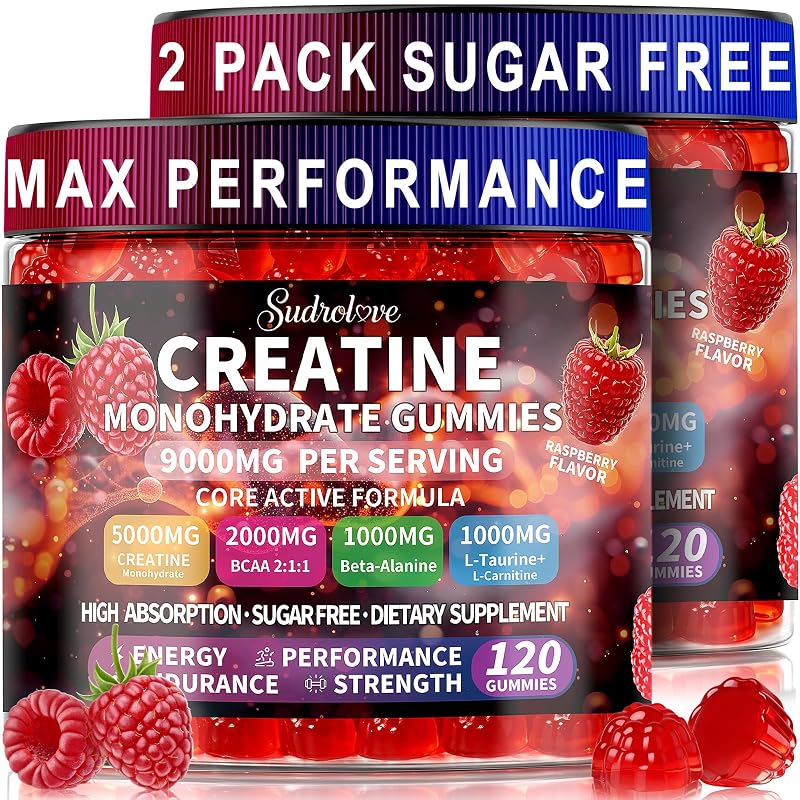 sudrolove — Suplemento de creatina monohidratada em gomas 5.000 mg — 240 gomas (2 frascos)