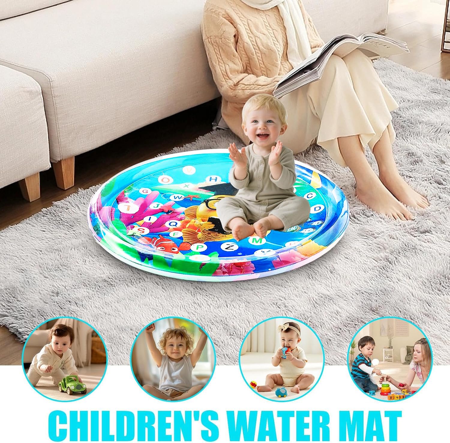Mata wodna dla niemowląt Premium - 105 cm Nadmuchiwany materac do czuwania czuwania, gra czasu z alfabetem, bezpieczna dla niemowląt i zwierząt (psy/koty), design podwodny