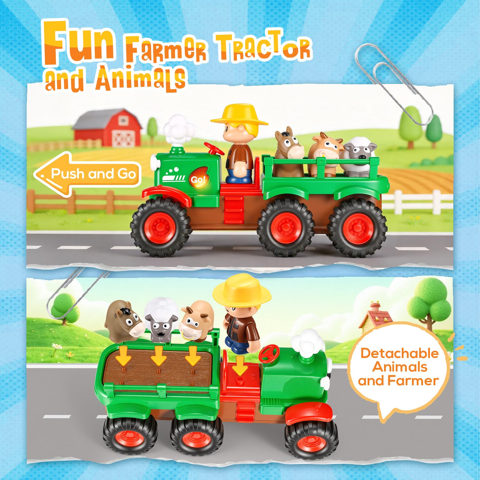 Gralal Trattore Fattoria Giochi per Bambini 1 2 3 Anni, Veicolo Musicale Push and Go con Animali, Giocattoli Montessori a Tema Animali della Fattoria, Regalo Apprendimento Precoce per Neonati