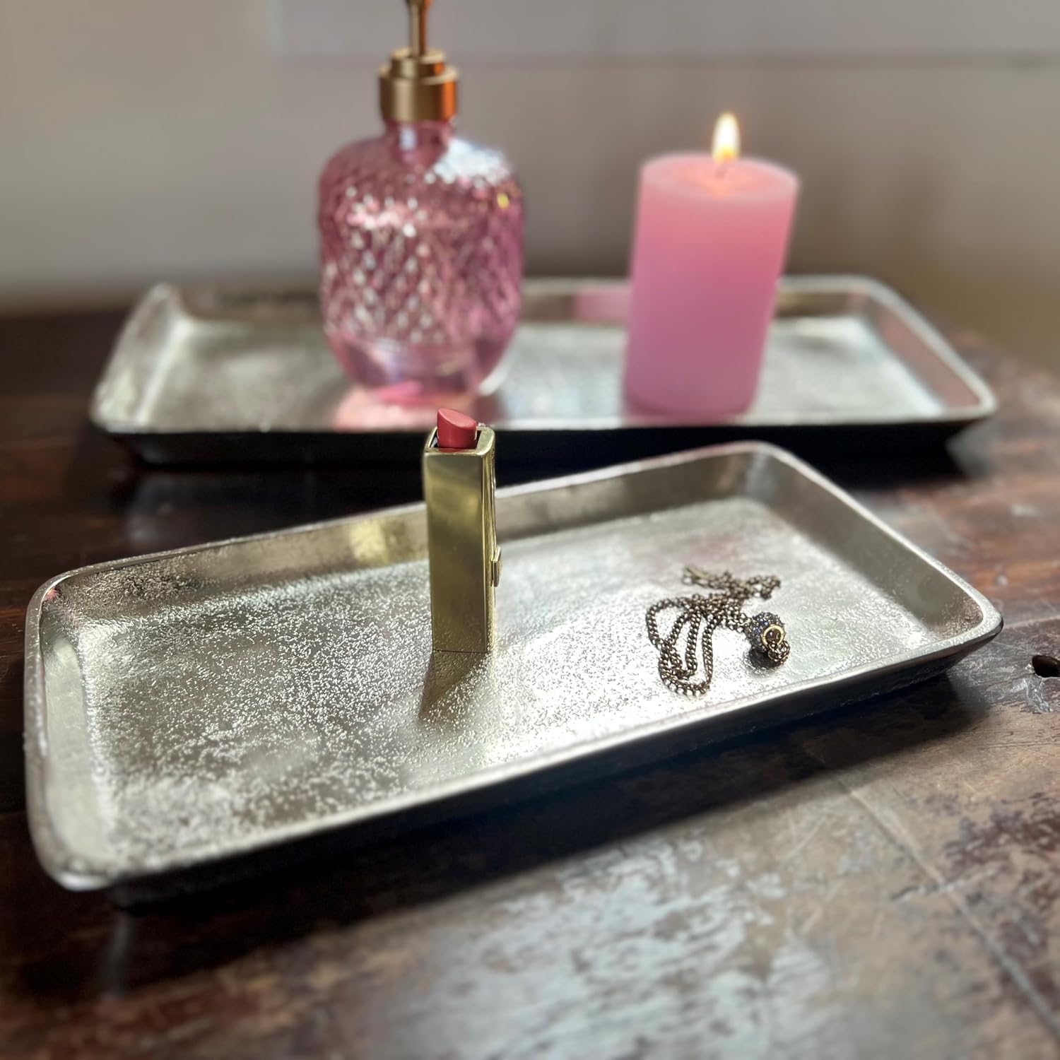 Grand Hotel Silver Vanity Tank Trays, Set of 2, Hand Cast Aluminum, Rectangle, 11.5 and 15.75 Inches, Modern, Posh