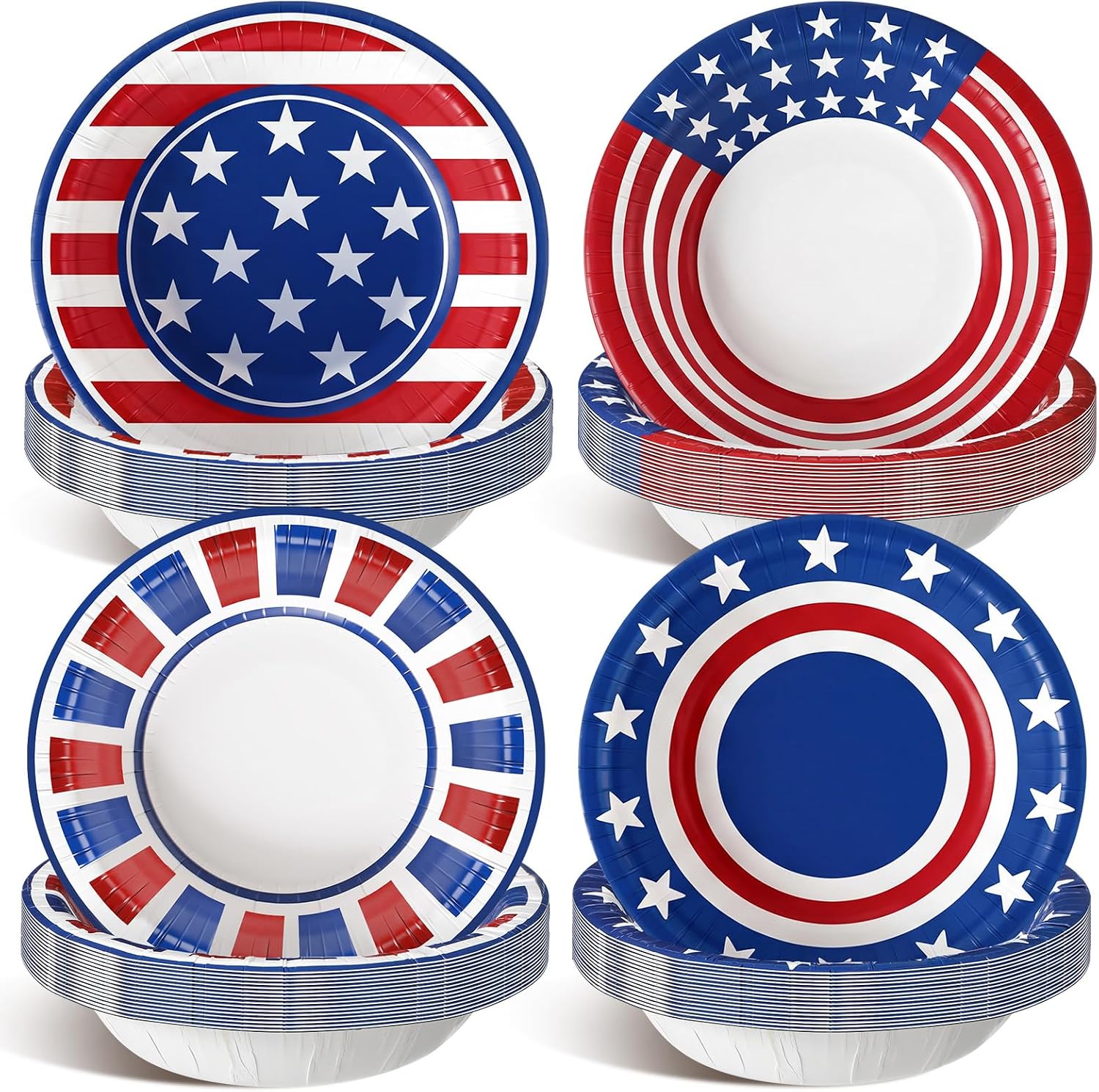 Pasimy 48 Pcs 4th of July Paper Bowls Bulk 12 oz American Flag Disposable Bowls Red White and Blue USA Star Tablewares for Patriotic Independence Day Memorial Veterans Day Party Favors Supplies