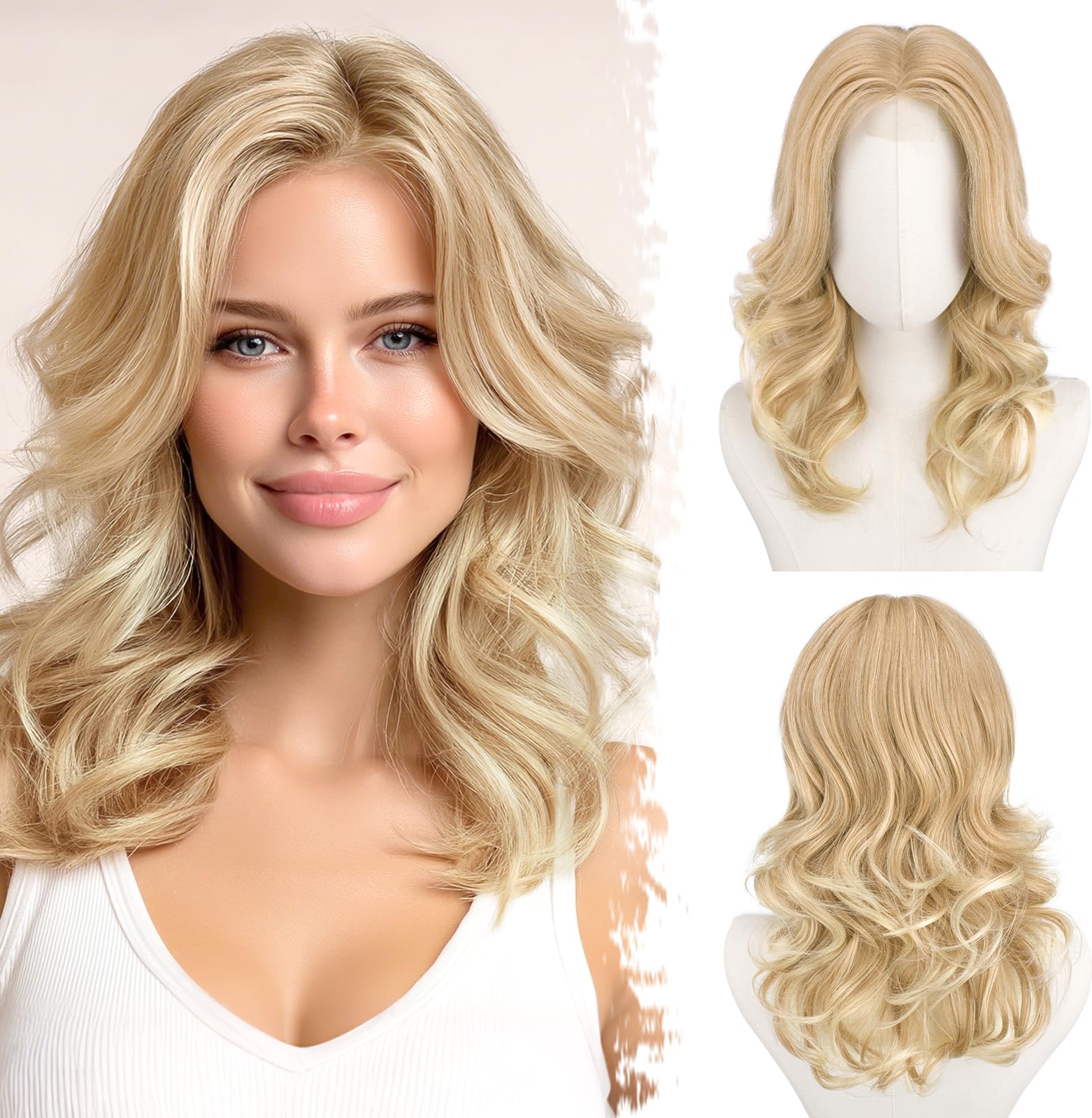Photo 1 of BARSDAR Short Wavy Honey Blonde Wig - Shoulder Length Wavy Blonde Layered Wigs for Women - Short Loose Wave Layered Wig with Face-Framing Curtain Bangs Soft Synthetic Natural Looking Daily Party