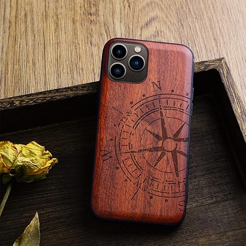 Miniatura 4 de Carveit Funda de madera para iPhone 11 Pro Max madera real dura y TPU suave negro a prueba de golpes, protector de teléfono de madera único