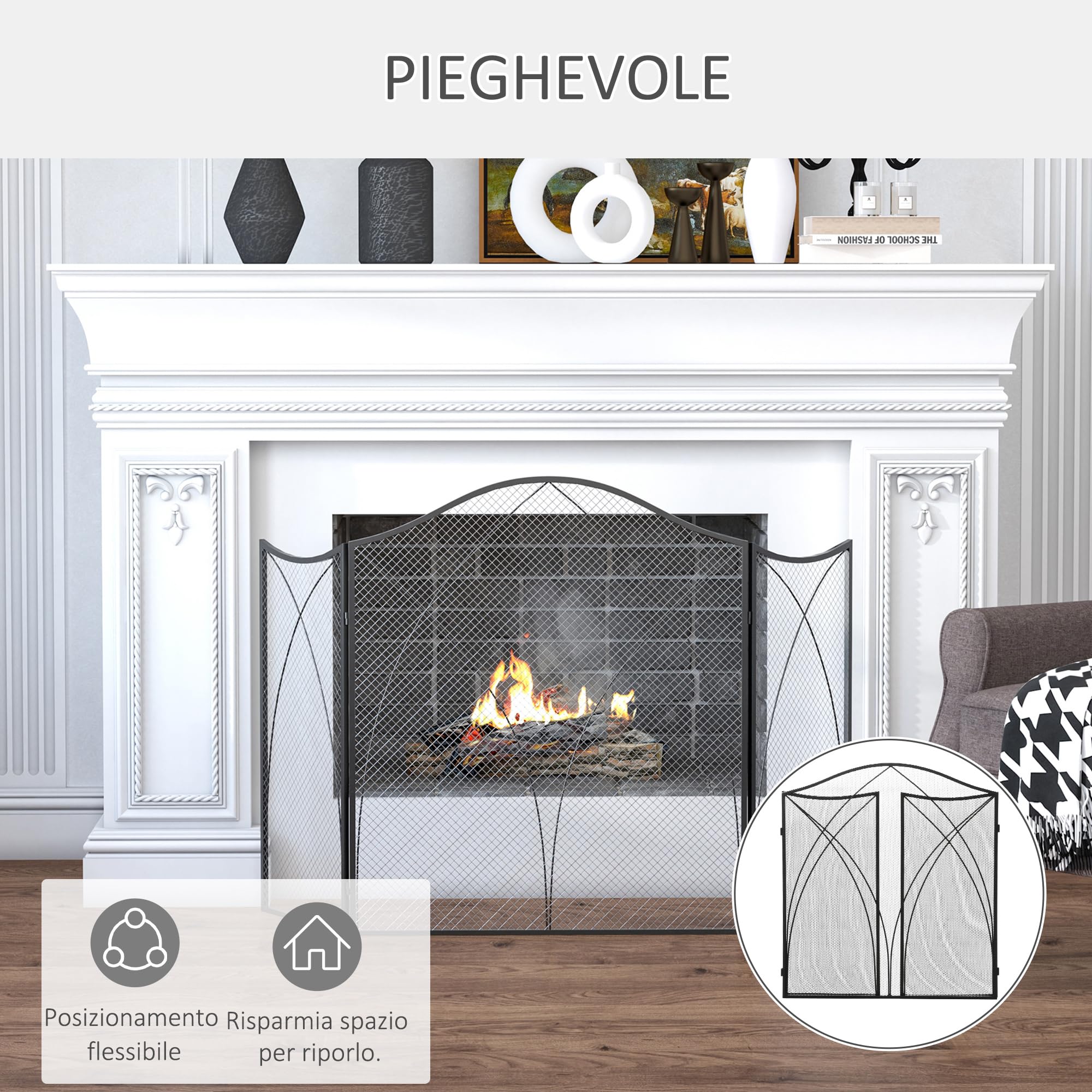 HOMCOM Parascintille Camino a 3 Parti Pieghevole con Decorazioni, Parafuoco in Metallo, 108x24x76 cm, Nero