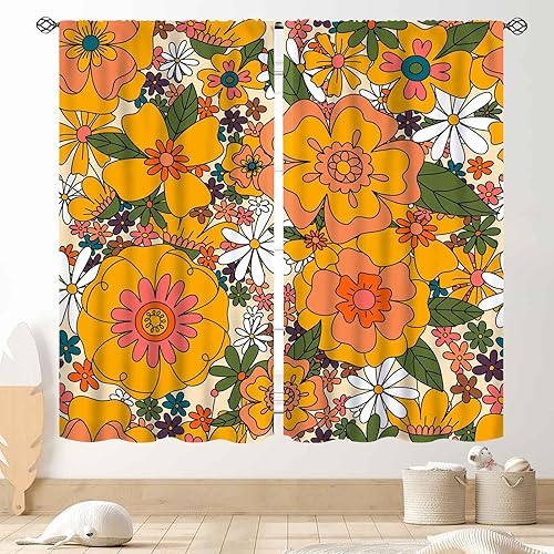 Miniatura 18 de Cortinas de cocina florales retro de los años 70 para ventana, diseño de flores naranjas hippie, estéticas, bohemias, opacas, pequeñas, cortas, para