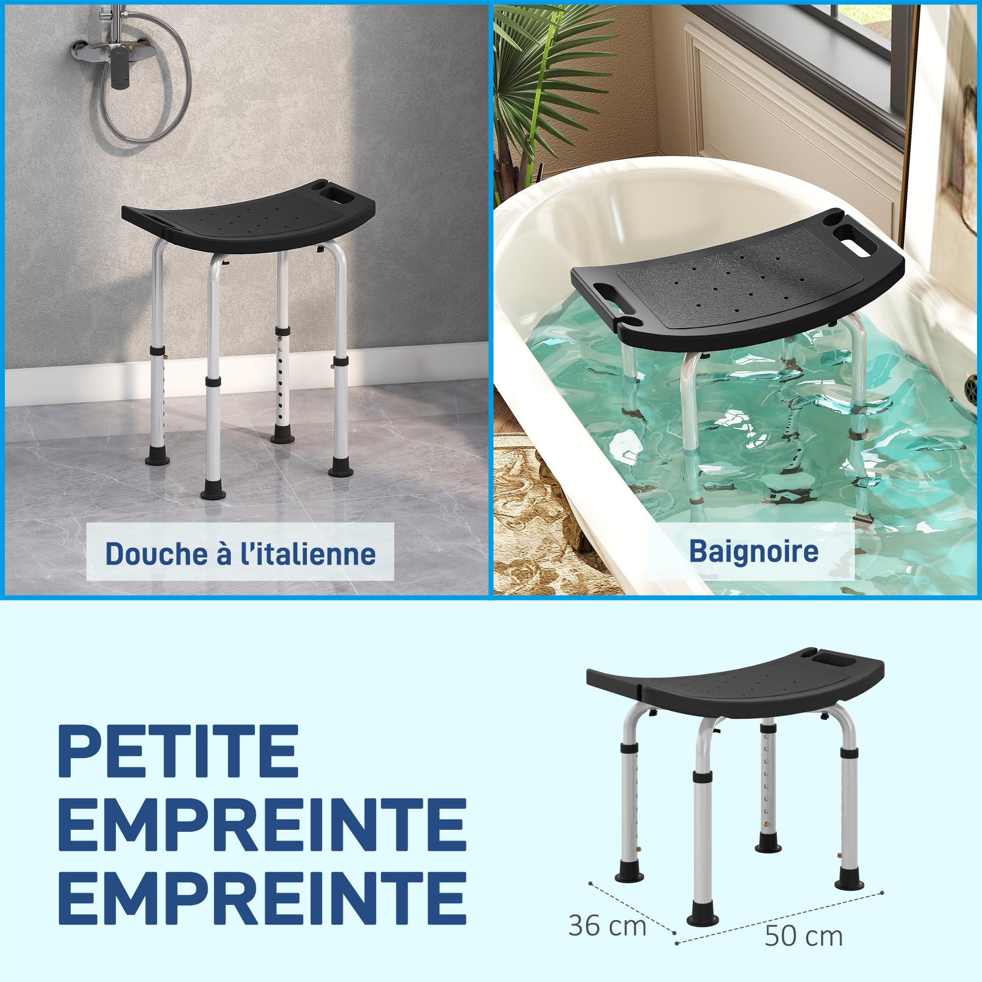 HOMCOM Regulowany stołek prysznicowy antypoślizg dla seniorów czarny