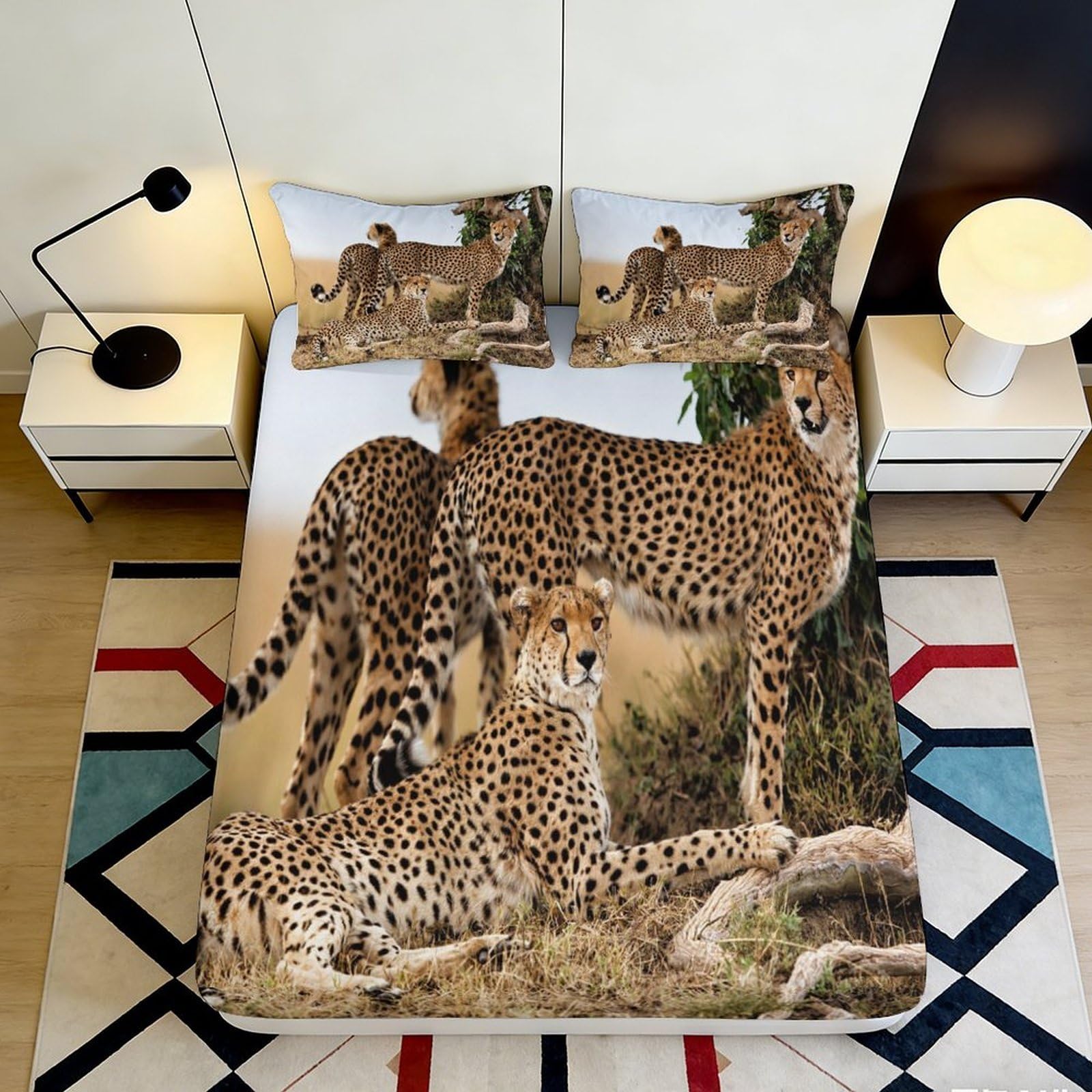 3D Printed Cheetah Wildlife Fitted Sheet Microfiber Soft Anti-Slip Savannah Bed Cover for Bedroom Guest Room Decor 90x200x25cm