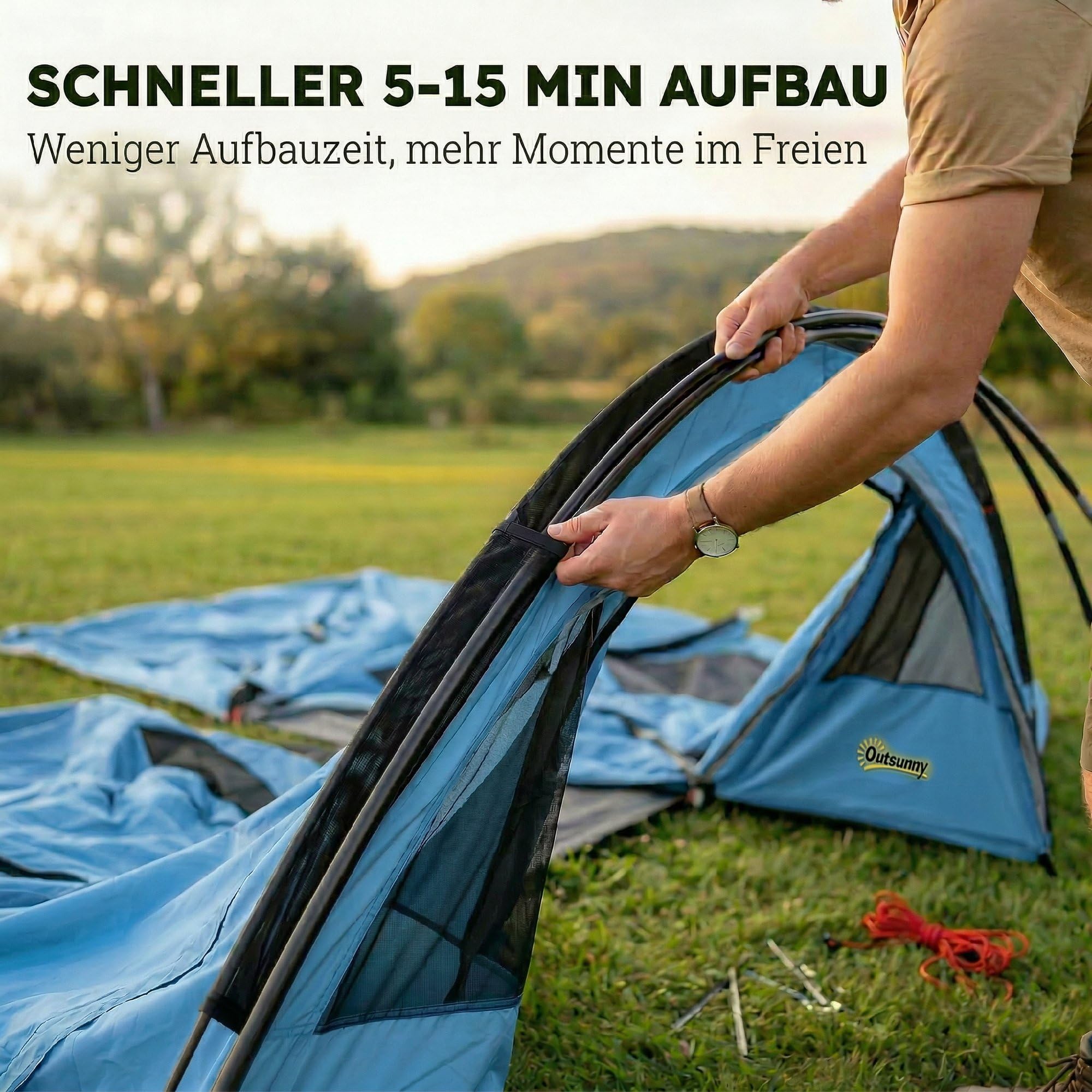 Outsunny Tunnelzelt Schlafkabine 3000 mm Wassersäule Himmelblau+Grau | 4 Personen Familienzelt, Vorzelt, Abnehmbare Trennwand, Fenstern, Bodenplane, Stehhöhe, Wasserdicht, Tragetasche