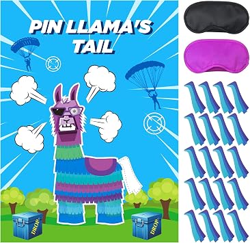 Video Game Party Decorations,Pin the Tails on Llama, Large Poster with 28PCS Tails Stickers for Pinata Party Games, Gamers Birthday Theme Party Supplies, dmsj-2024-0515