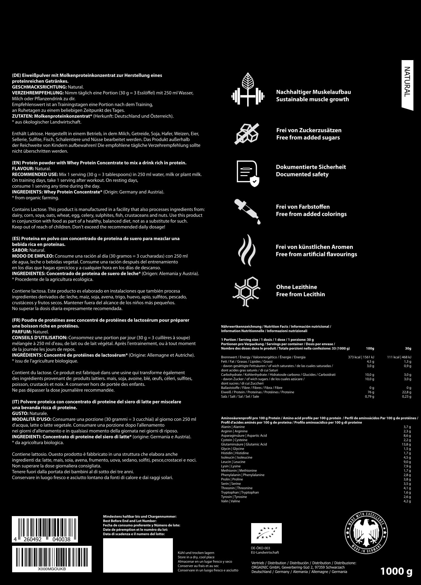 ORGAINIC Protéine Whey - Whey de Vaches Nourries à l'Herbe - Contient des Acides Aminés Essentiels et non-Essentiels et BCAA pour la Prise de Muscle - Traité à Froid, sans OGM - 1000g, Nature