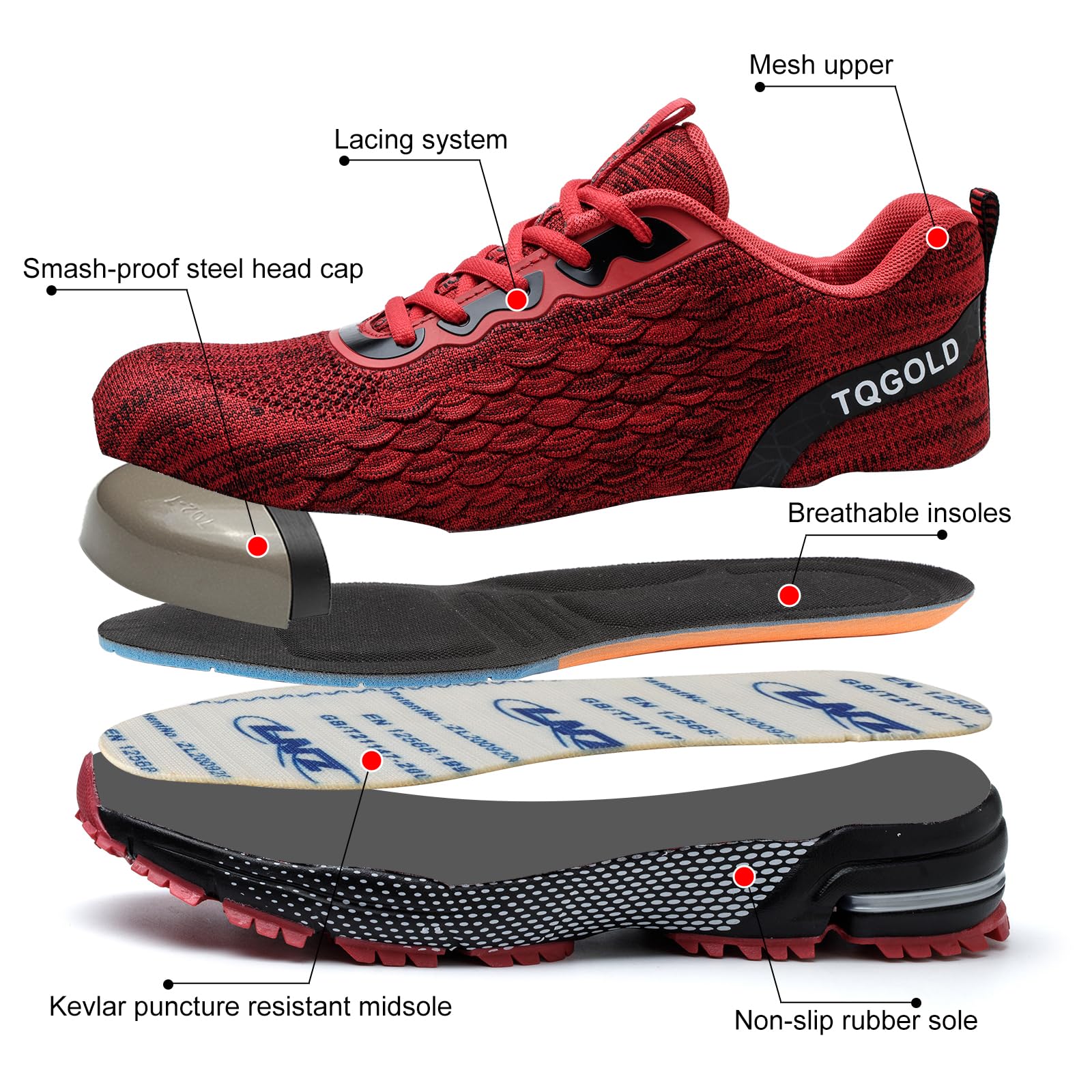 AONEGOLD Obuwie ochronne dla mężczyzn i kobiet, lekkie, stalowe noski, buty sportowe, oddychające, wygodne, antypoślizgowe, odporne na przebicie, buty robocze, rozmiar 36-40, 8391 Czerwony, 38 EU