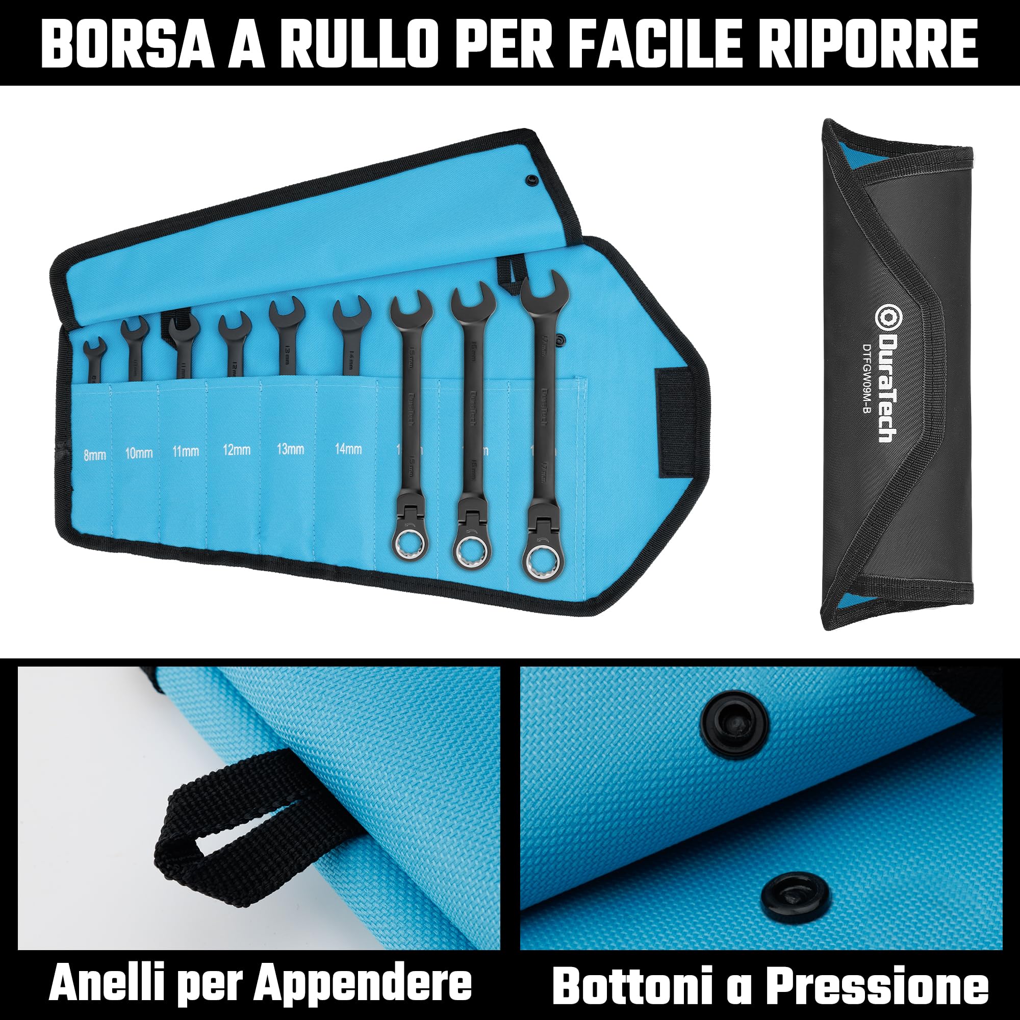 DURATECH Set di chiavi combinate a cricchetto con testa flessibile, 72 denti, metriche, 9 pezzi, 8, 10, 11, 12, 13, 14, 15, 16, 17 mm, rivestimento elettroforetico nero, acciaio CR-V, con custodia