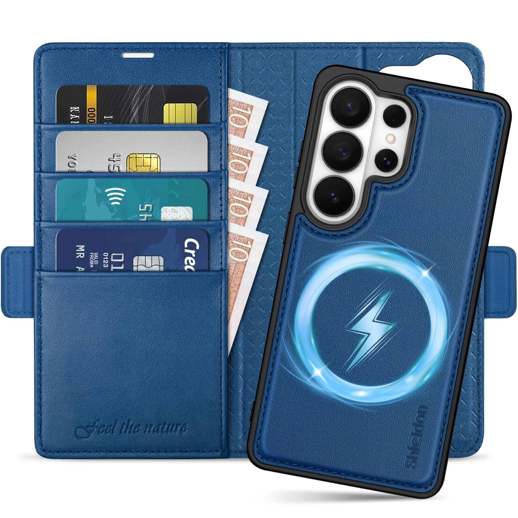 SHIELDON Genuine Leather Detachable Wallet Case for Galaxy S26 Ultra 6.9-inch 2026, Magnetic Wireless Charging, RFID Blocking, Card Slots, Kickstand, Shockproof Protective Folio Cover - Royal Blue
