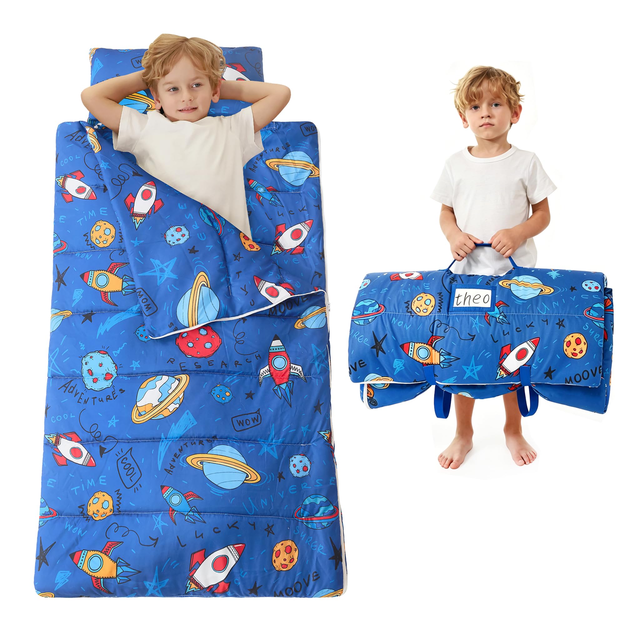 Toddler Nap Mat for Preschool 50''x30'' Sleeping Mat with Removable Pillow and Minky Blanket for Kids Ages 3-7 Roll Up Soft Sleeping Bag for Boys Girls Kindergarten Daycare Sleepover