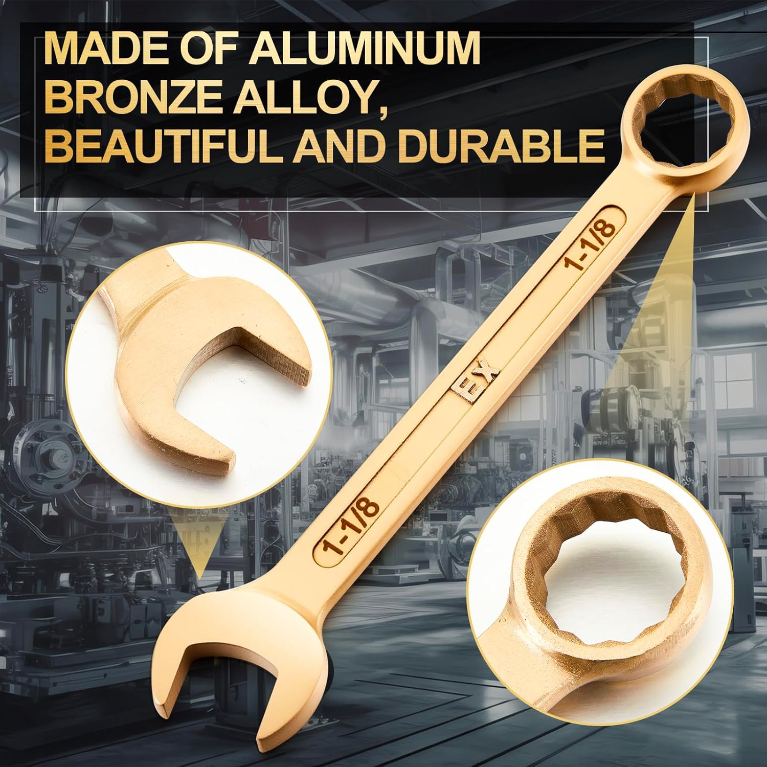 Hicarer 1-1/8" Non-sparking Combination Wrench Non-magnetic Wrench 275 mm Length Aluminum Bronze Combination Spanner for Flammable and Explosive Environment Technician Electrician Die-forged